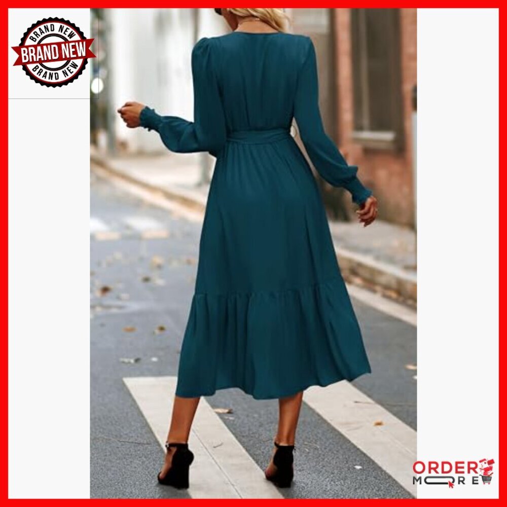 Long Sleeve Maxi Dress Wrap V Neck Ruffle Hem Flowy Boho Formal - Picture 2 of 7